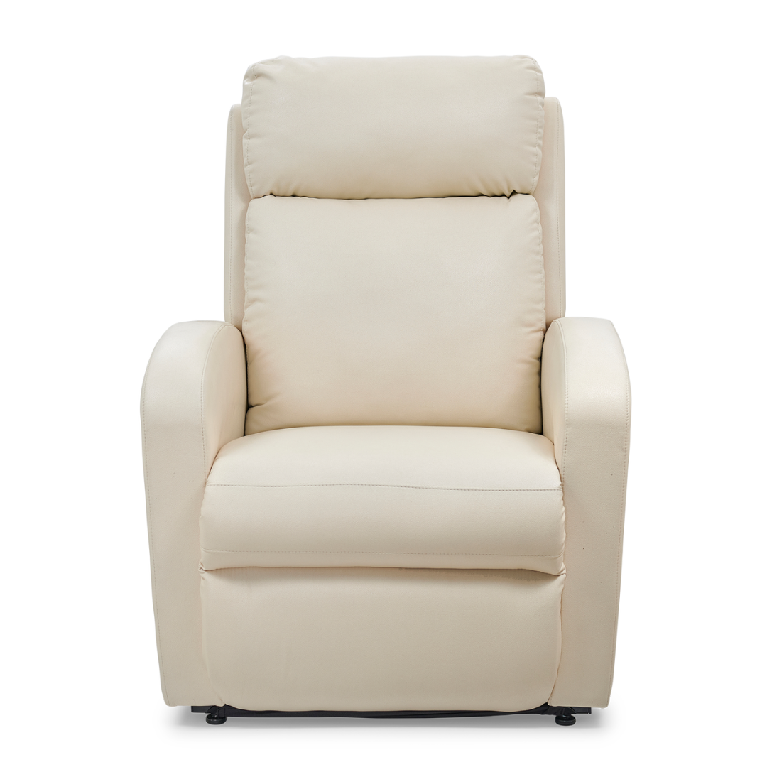The Golden Tech PR761 EZ Sleeper Recliner with Lift Assist & Twilight Recline, a beige leather chair featuring the 5-Zone Comfort System, cushioned armrests, and high backrest, is shown from the front on a white background.