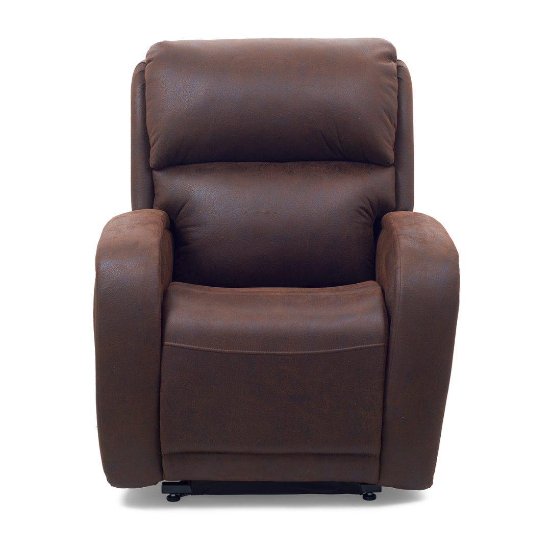 The Golden Tech PR761 EZ Sleeper Recliner features brown leather, plush cushioning, wide armrests, a high backrest, and Twilight Tilt Technology for ultimate relaxation against a white background that highlights its rich texture and design.