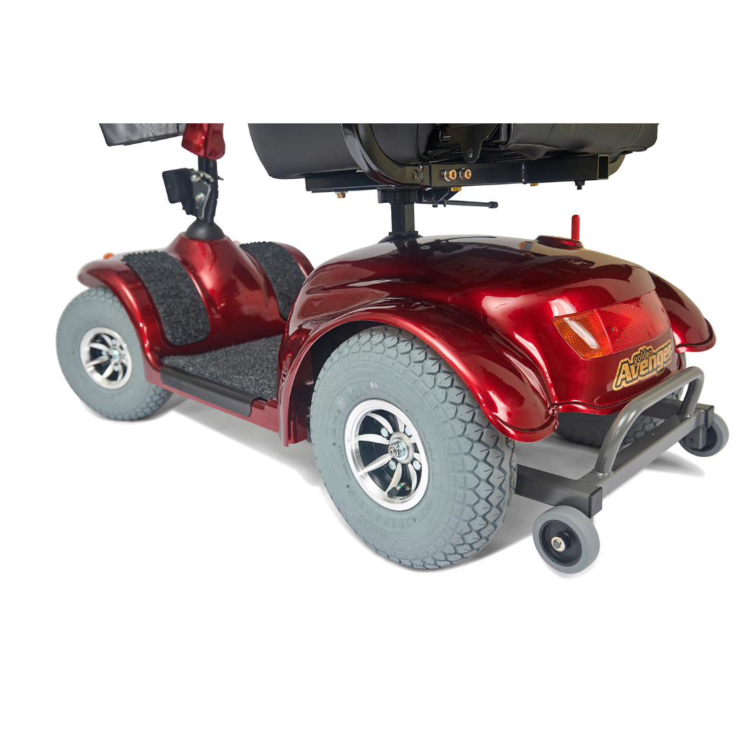 The Golden Tech Avenger HD Bariatric Mobility Scooter, shown on a white background, is red with a black seat and large gray tires, ideal for rugged terrain and long-range operation.