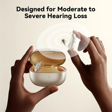 Two hands hold iBstone AuraLink Bluetooth Hearing Aids and their open charging case. Above, the text reads: Designed for Moderate to Severe Hearing Loss. The background is light beige.