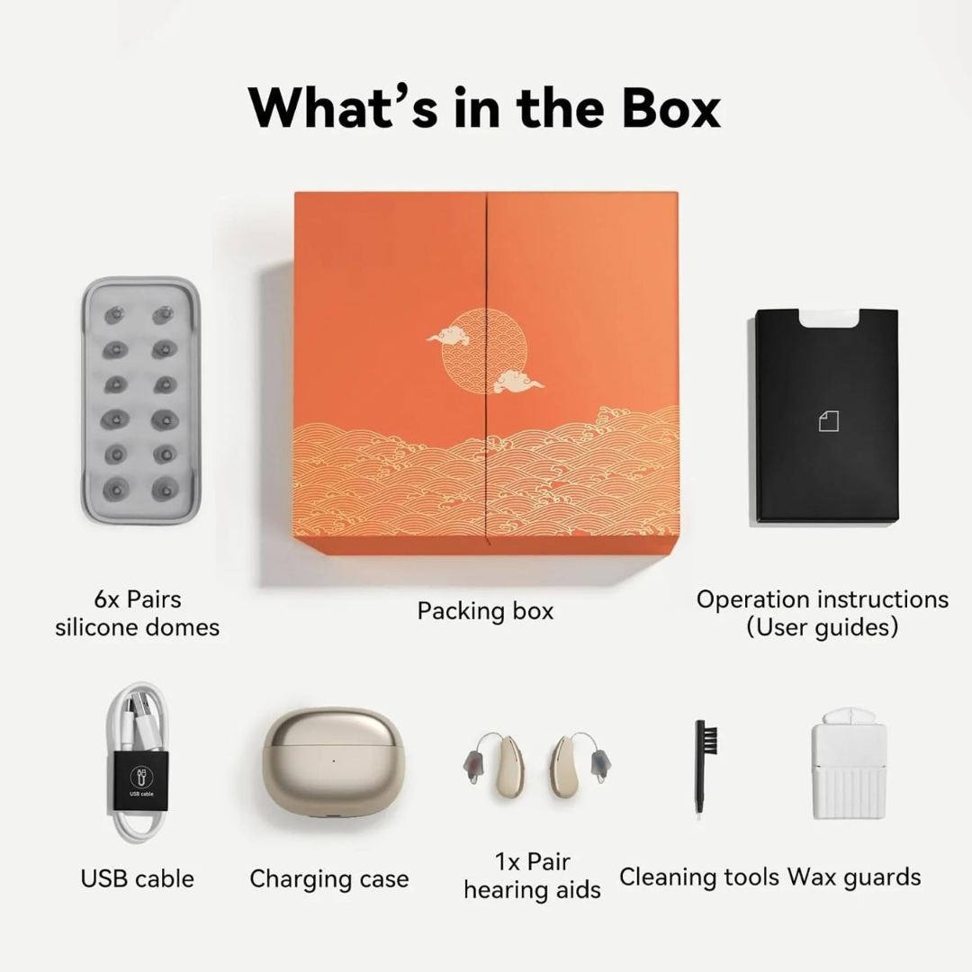 The iBstone AuraLink Bluetooth Hearing Aids box includes 1 pair of hearing aids, charging case, USB cable, 6 pairs of silicone domes, cleaning tools with brush, wax guards, user guides, and a packing box.