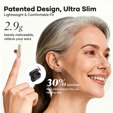 A smiling older woman with gray hair wears iBstone Edge Waterproof Mini-RIC Hearing Aids and holds another one. Text notes the lightweight, ultra-slim patented design—just 2.9g and 30% slimmer than other models.