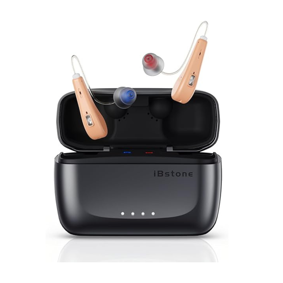 A pair of beige iBstone Edge Waterproof Mini-RIC Hearing Aids with red and blue tips sit in a black charging case featuring four front indicator lights.