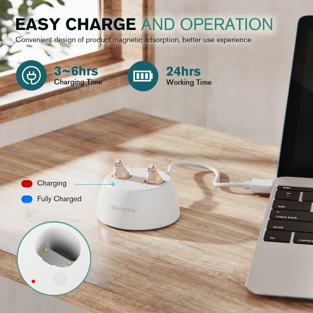 A pair of iBstone K19 Rechargeable CIC Hearing Aids sit on a white charging dock connected to a laptop, showing charging status lights. Text notes 3–6 hour charging time and 24-hour battery life.