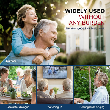 Collage of happy older adults: a woman hugging a man outdoors, a group at a table, a couple watching TV, and a man listening to a bird. Text: “iBstone K19 Rechargeable CIC Hearing Aids—ultra-comfortable and widely used without any burden.”.