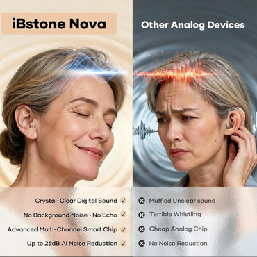 A woman with her eyes closed, wearing iBstone Nova Ultra Compact Hearing Aids, stands beside another woman with her eyes closed.