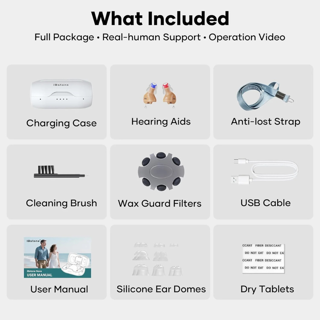 Grid displaying contents of the iBstone Nova Ultra Compact Hearing Aids package: charging case, Onsemi digital chip hearing aids, anti-lost strap, cleaning brush, wax guard filters, USB cable, user manual, silicone ear domes, and dry tablets.