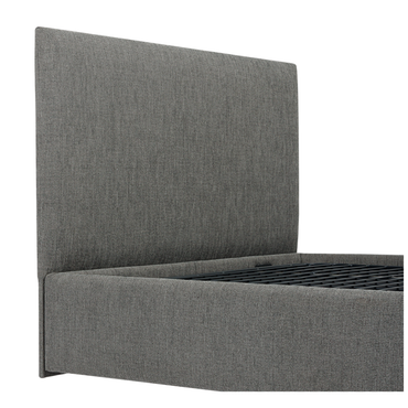 A close-up of the iCare Medical IC100 Static Partner Non-Adjustable Bed, featuring a modern gray upholstered frame, tall rectangular headboard, no mattress, antibacterial vinyl for added hygiene, and iCare mattress compatibility.