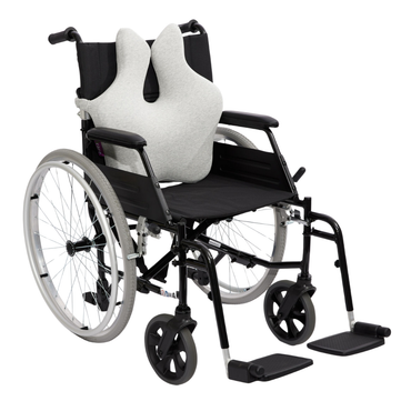 The iCare Reform Full Back Support offers ergonomic relief with a gray cushion featuring raised side supports and charcoal-infused ActiveX foam. The black manual wheelchair includes large rear wheels, small front wheels, full back support, and footrests.