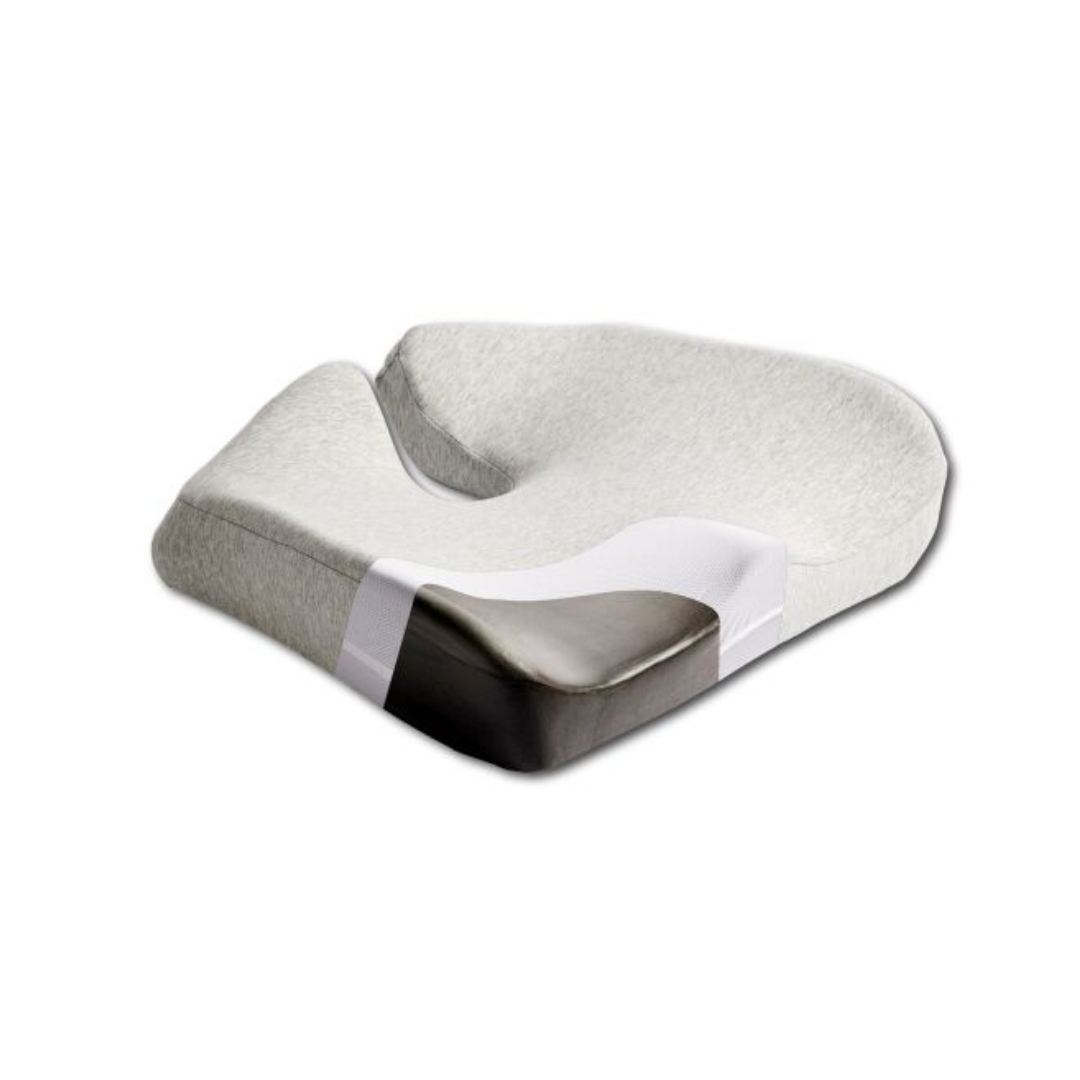 The iCare Reform Seat Support Cushion - Targeted Pressure Relief features a contoured ergonomic design with a grey cover, black bottom, and white side strap for enhanced support and sitting comfort.