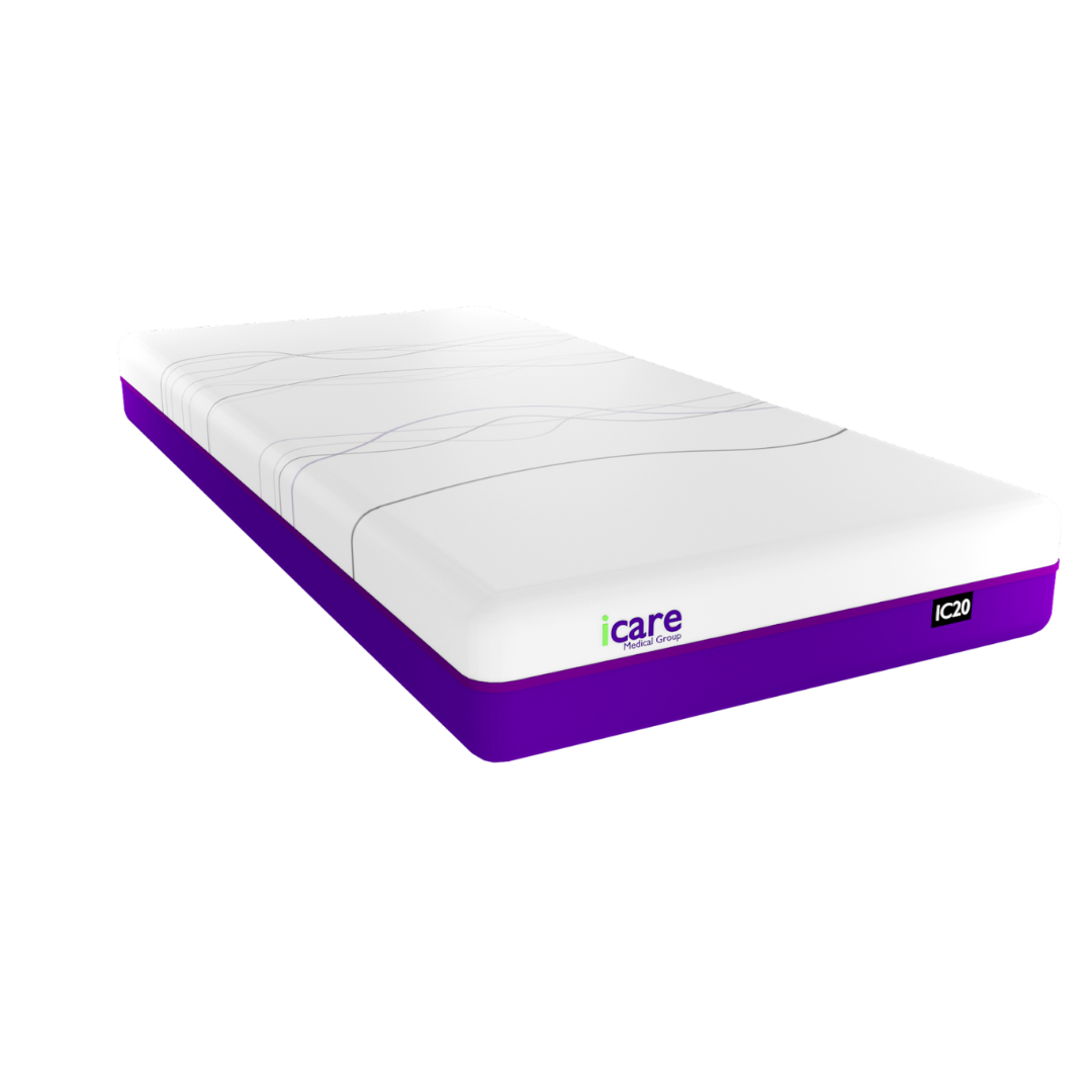 A single iCare Medical IC100 Static Partner Non-Adjustable Bed mattress with a white top, purple sides, “icare” and “IC20” logos on the corner, and antibacterial vinyl covering is shown against a plain white background.