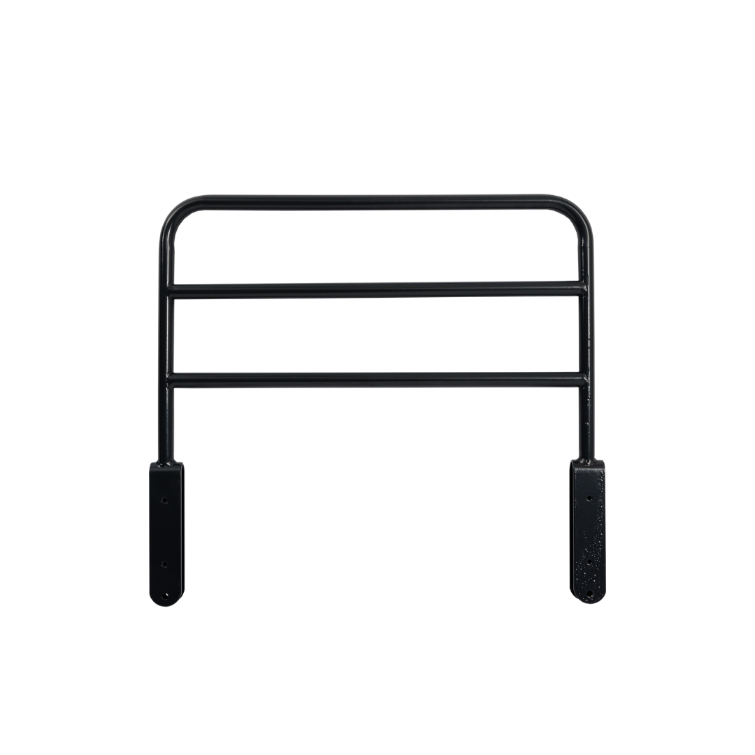 The iCare Medical Bed Safety Rails feature a black metal design with three horizontal bars and two bottom-mounted vertical plates, providing sturdy bedside support and effective fall prevention.