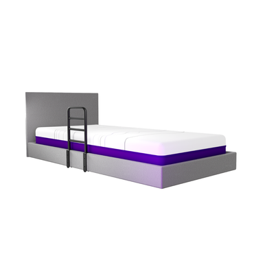 A grey bed with headboard and a white mattress with a purple stripe is shown fitted with the iCare Medical Bed Safety Rails in black, attached to the side for enhanced safety and fall prevention.