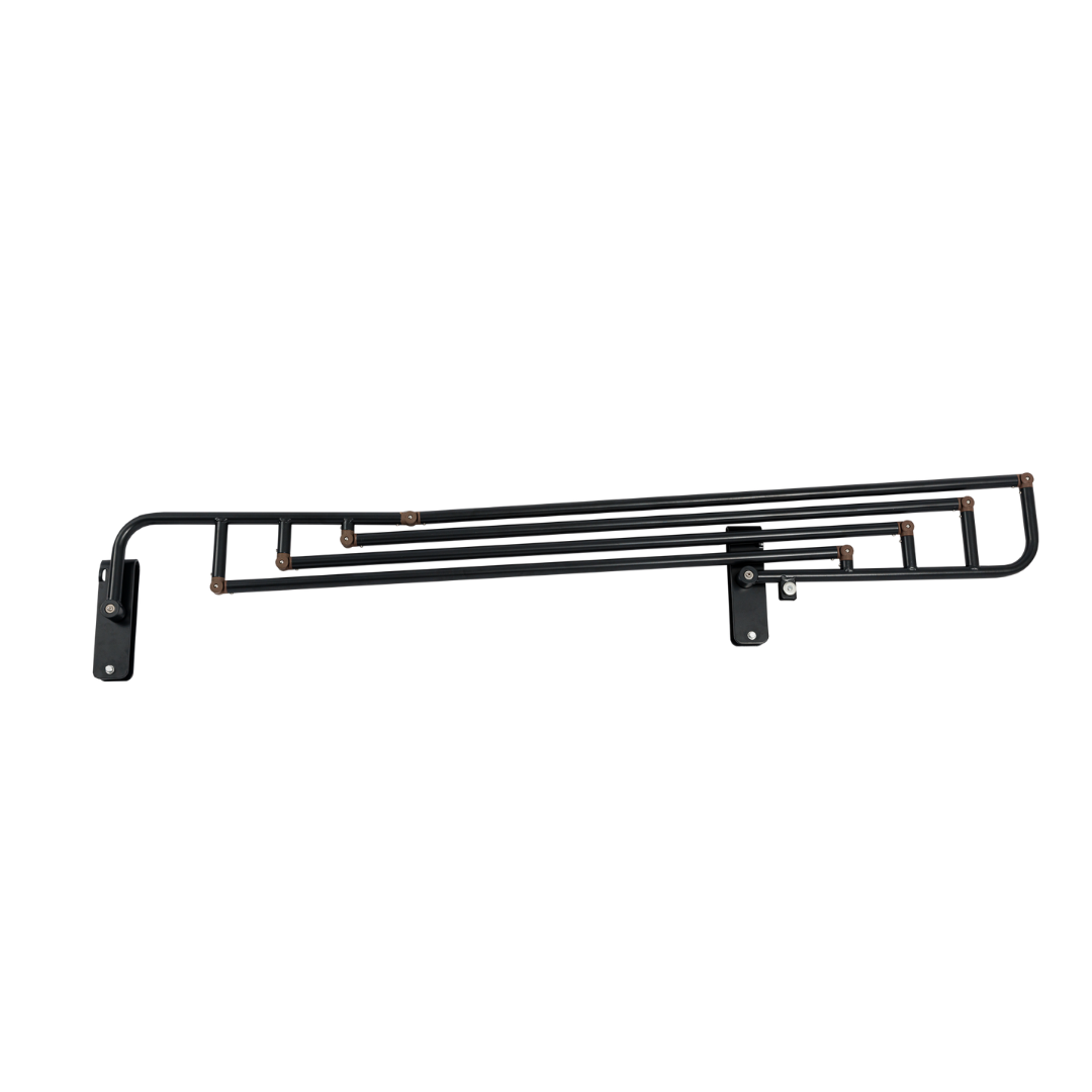 The iCare Medical Bed Safety Rails are black metal wall-mounted accordion-style racks with multiple horizontal bars and two mounting brackets, offering bedside support and fall prevention. The rack is shown extended in the image.