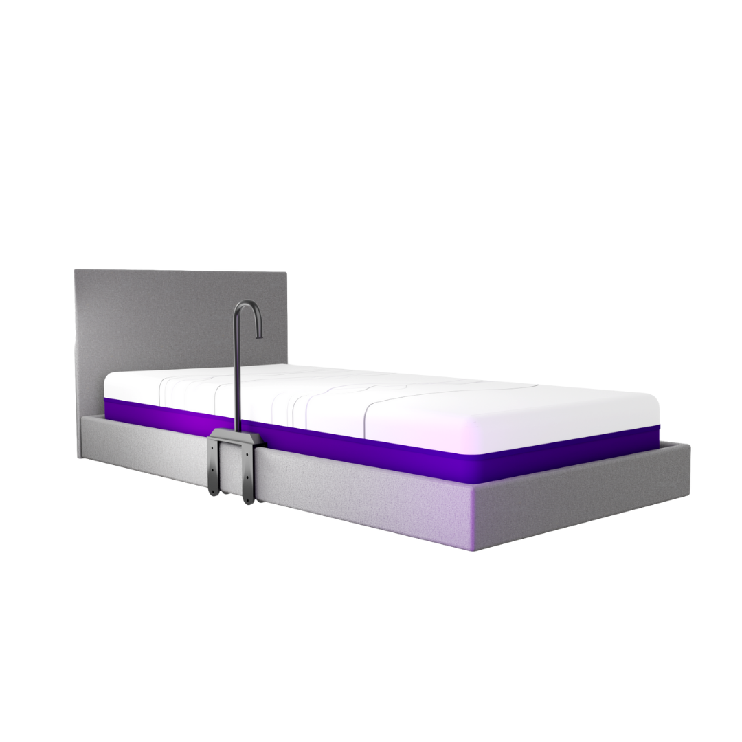 A modern single bed with a grey upholstered frame, white mattress with purple stripe, and an iCare Medical Bed Safety Rail for fall prevention attached to the side. The background is plain white.