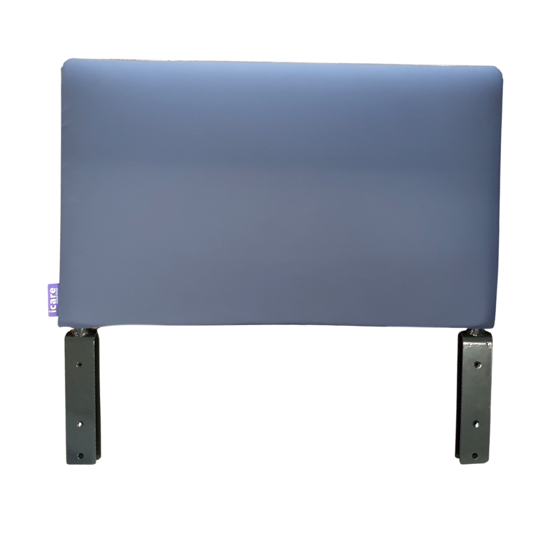 The iCare Medical Bed Safety Rails feature a rectangular, padded headboard in dark blue fabric, with two black metal mounting brackets and a small purple fabric tag for added style and reliable bedside support.