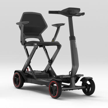 A black, four-wheeled iMOVE AirCarbon Folding Carbon Fiber Scooter featuring a seat and a vertical handlebar console.
