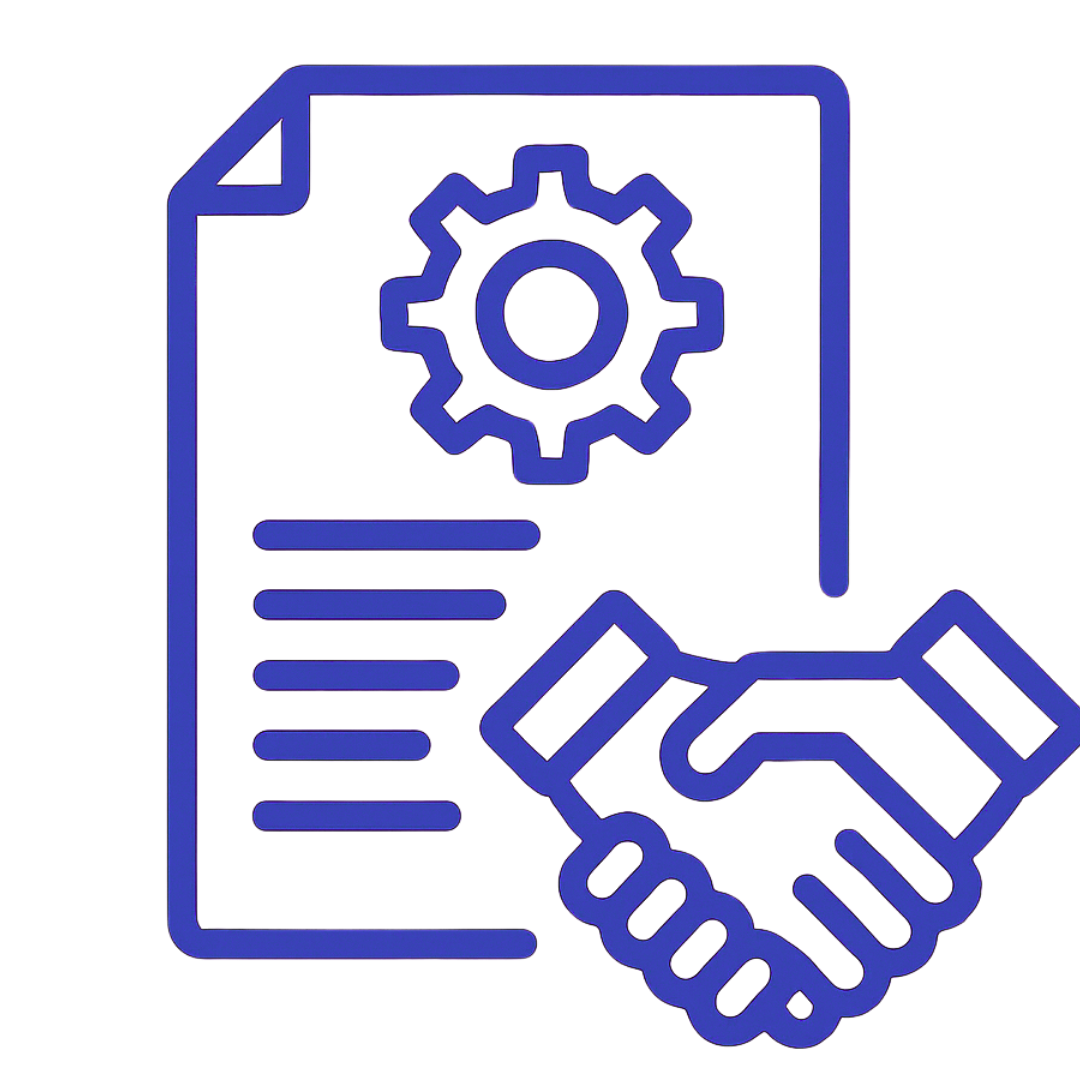 Blue line icon showing a document with a gear and text lines, plus two shaking hands, symbolizing agreement or partnership. Represents Scooter Labor Contracts from Pride Mobility for technical or business use.