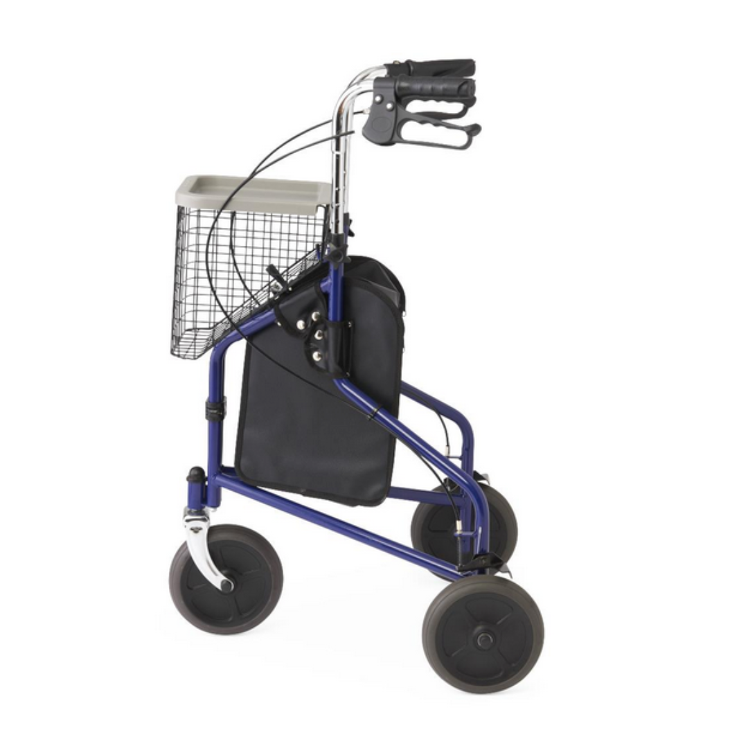 The Medline 3-Wheel Steel Rollator in blue features a lightweight, foldable design with ergonomic handles, metal basket, black bag, and all-terrain wheels, elegantly displayed on a white background.