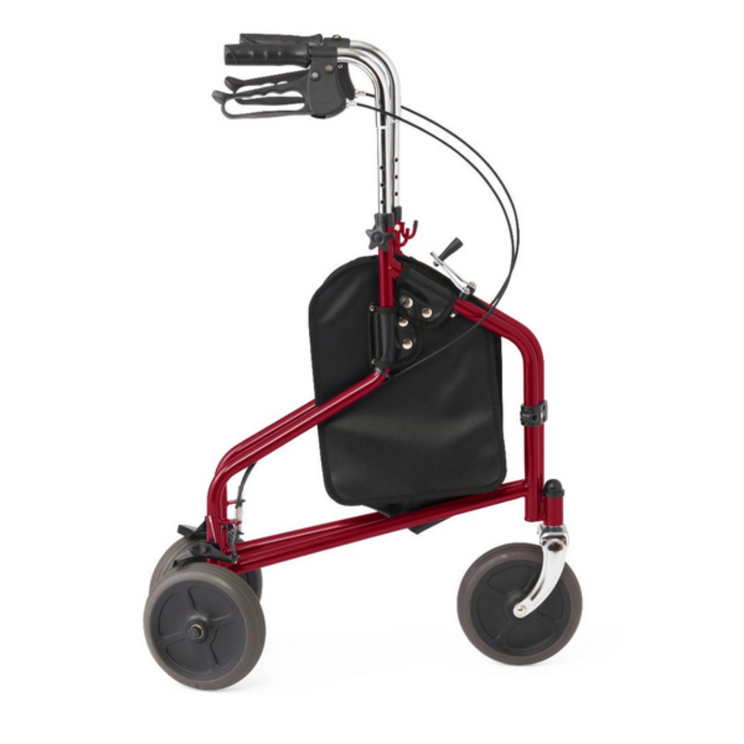 The Medline 3-Wheel Steel Rollator is a lightweight, foldable mobility aid with hand brakes and large all-terrain wheels for smooth maneuverability. It features a red frame and includes a black storage pouch.
