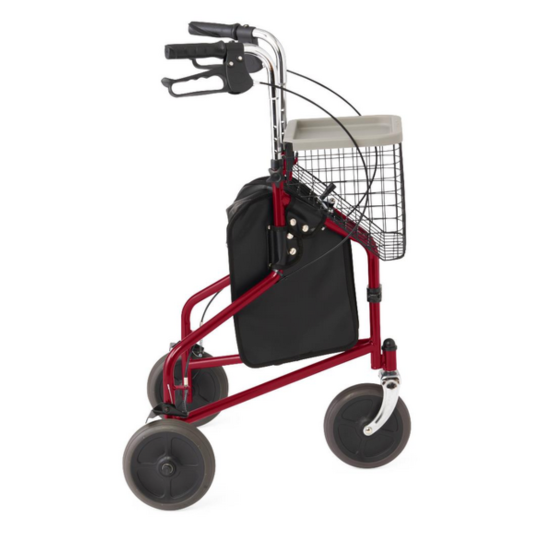 The Medline 3-Wheel Steel Rollator is a red, foldable walker with a black bag, wire basket, black handles, brakes, and large gray all-terrain wheels, embodying style and functionality for versatile use.