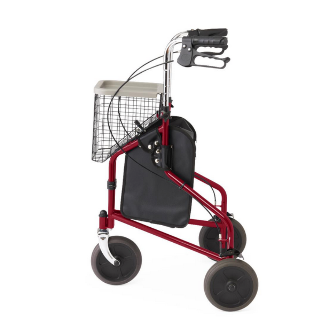 The Medline 3-Wheel Steel Rollator is lightweight and foldable, featuring a red design with ergonomic handles, black seat and wire basket. It has black all-terrain wheels for improved mobility assistance.