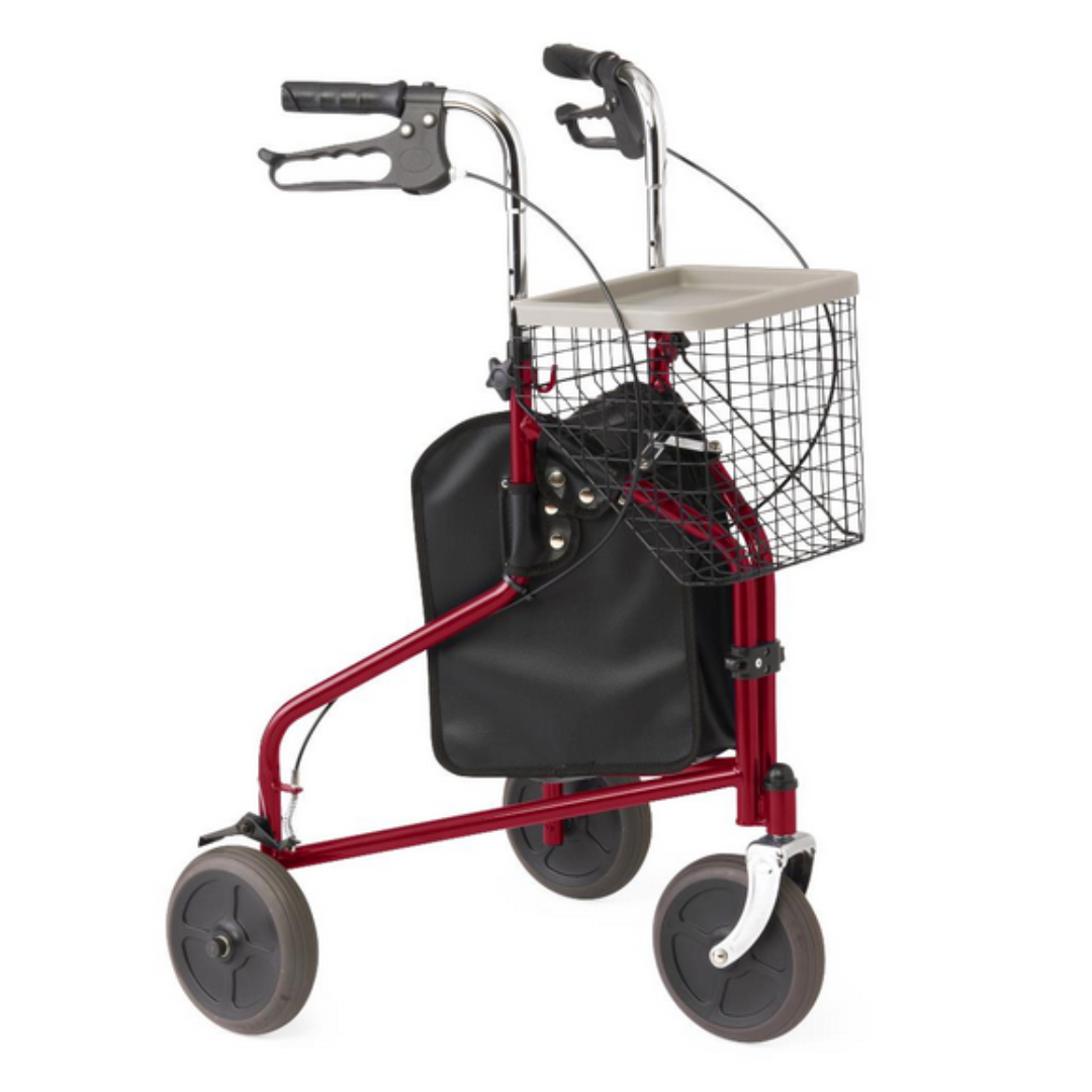 The Medline 3-Wheel Steel Rollator is a lightweight, foldable mobility aid with a red frame, black handles, and features like a seat above rear wheels, metal basket, and large all-terrain wheels for easy maneuvering.
