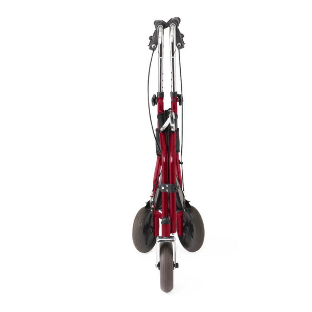 Foldable red Medline 3-Wheel Steel Rollator with lightweight, folding frame and black all-terrain wheels, viewed from the front.