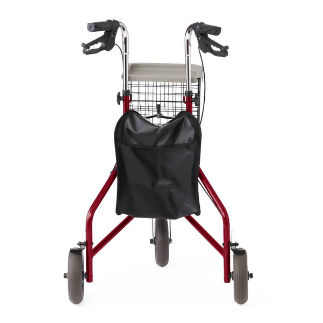 The Medline 3-Wheel Steel Rollator in red features a foldable frame, all-terrain wheels, black handles, a black storage pouch, a white padded seat, and a small wire basket. The walker is set against a plain white background.