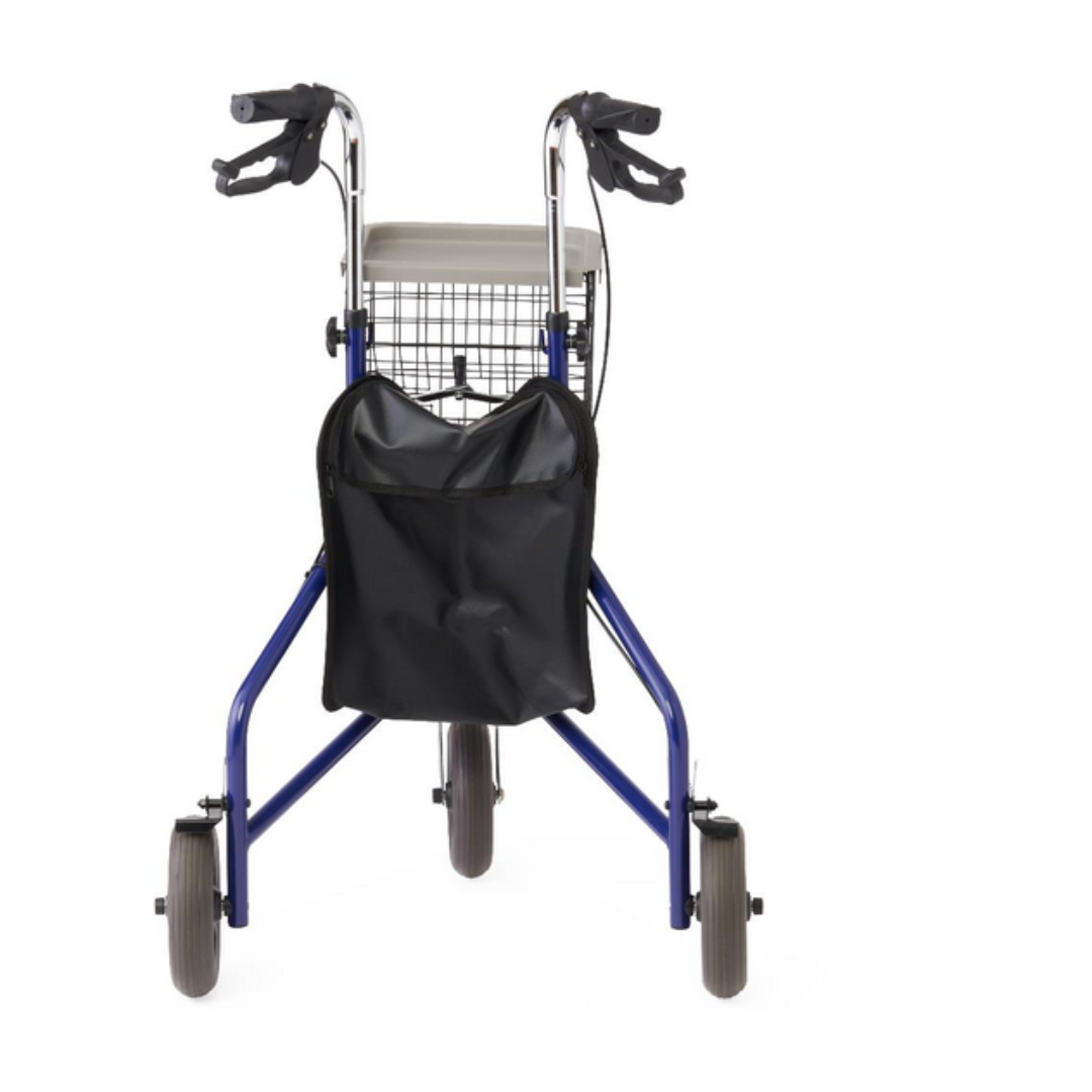 The Medline 3-Wheel Steel Rollator, in blue, features a foldable frame with a black front bag, dual handles with brakes, a wire basket, and all-terrain non-slip rubber wheels for enhanced mobility.