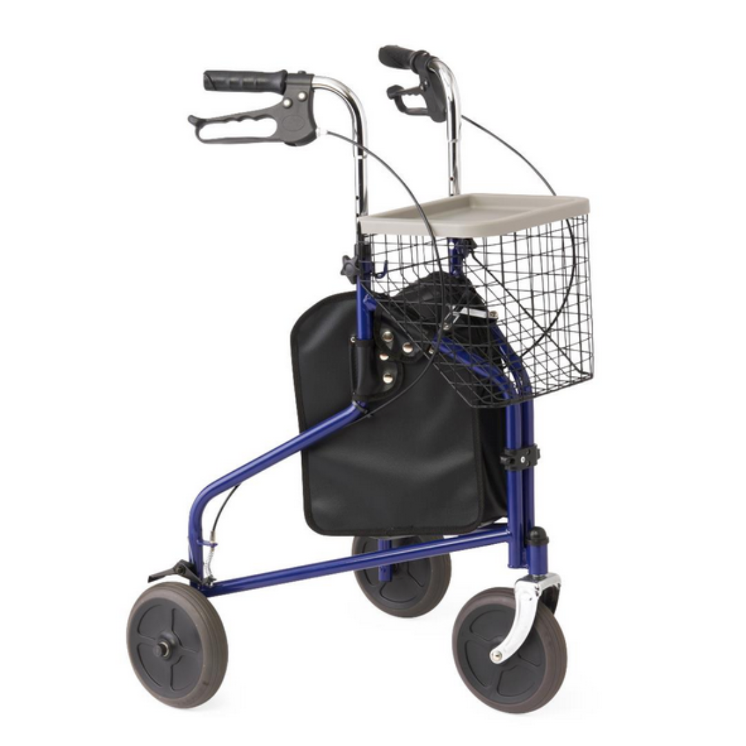 The Medline 3-Wheel Steel Rollator, lightweight and foldable, comes in blue with three all-terrain wheels. It features two handles with a brake system, a wire basket, black pouch, and small tray for convenience.
