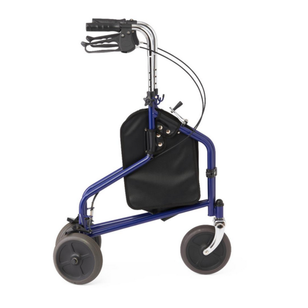 The Medline 3-Wheel Steel Rollators, in a sleek blue design, feature all-terrain wheels, a black pouch, and foldable frame for easy transport. Its robust handlebars and brakes ensure seamless mobility support.