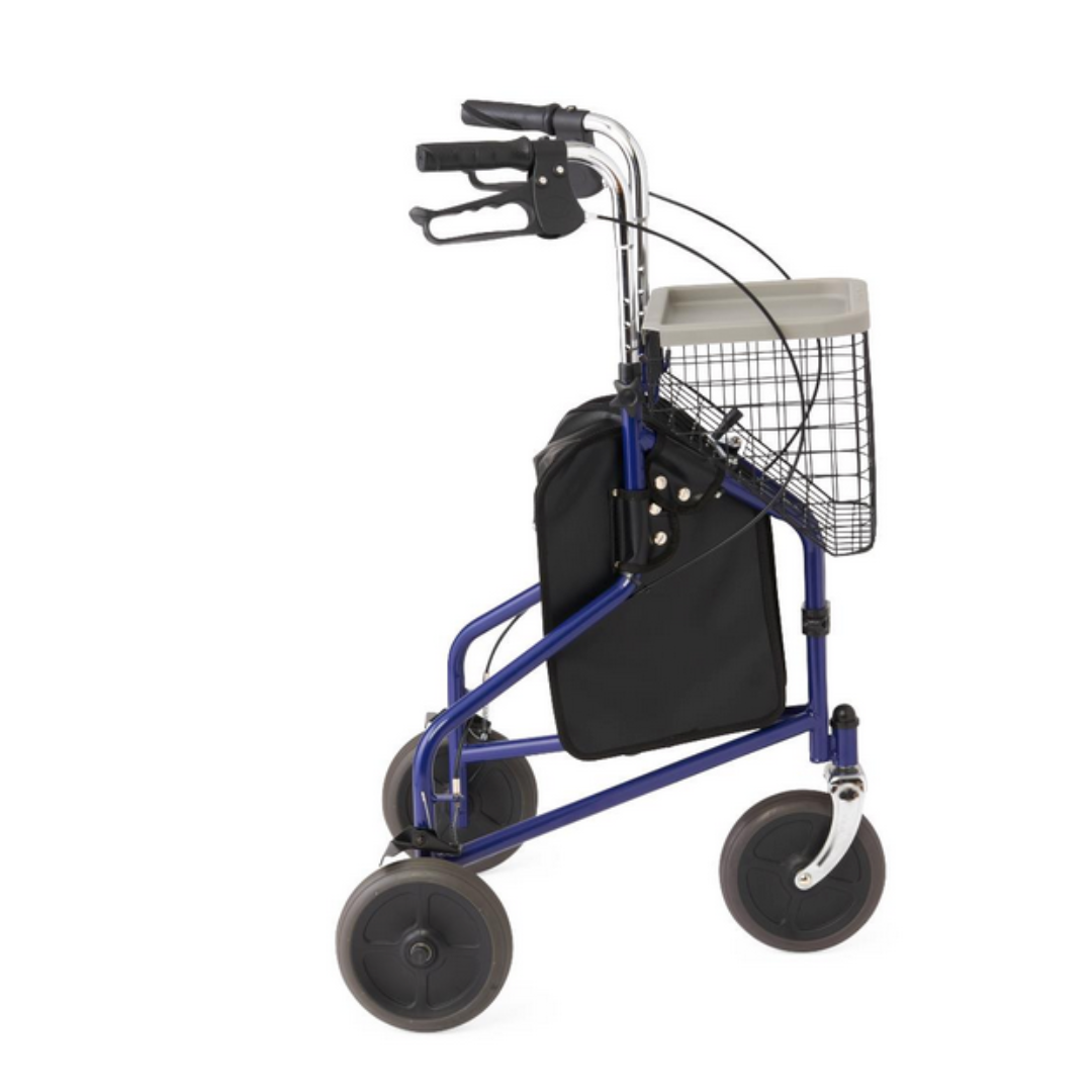 The Medline 3-Wheel Steel Rollator is lightweight, foldable, and designed for mobility assistance. It features a blue three-wheeled design, black pouch, silver wire basket, handlebars with brakes, and all-terrain wheels for stability.