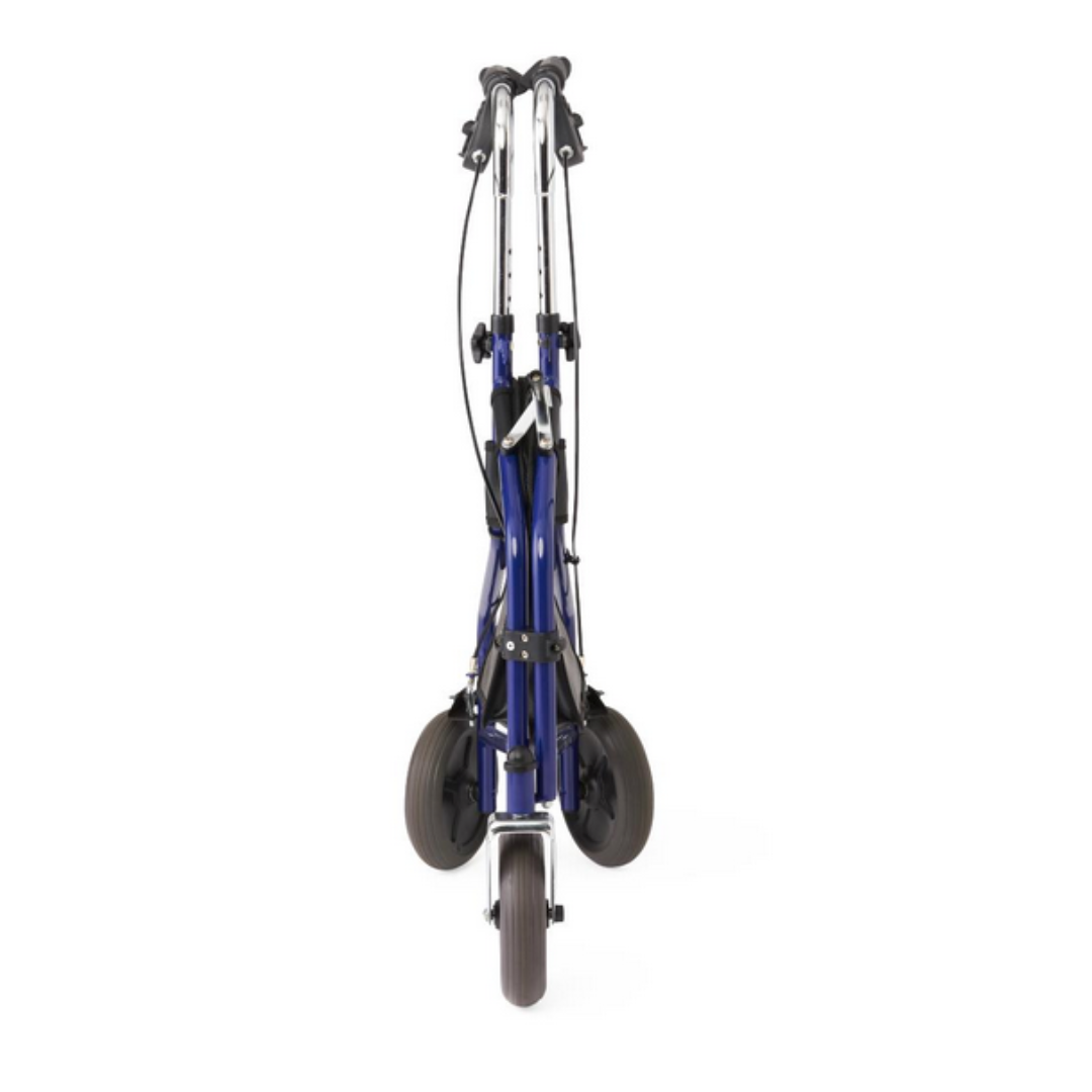 A blue and silver Medline 3-Wheel Steel Rollator, featuring black handlebars and all-terrain wheels, is shown in a folded front view. The lightweight frame ensures easy transport or storage.