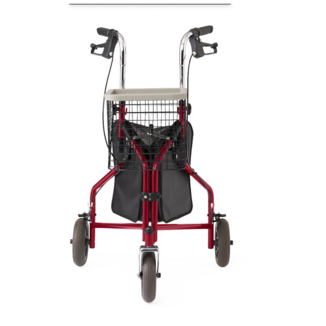 The Medline 3-Wheel Steel Rollator is lightweight and foldable, featuring a red and black design, three all-terrain wheels, hand brakes, a small wire basket, and a storage bag under the seat.