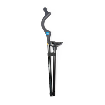 The Medline Posture Promoting Foldable Cane is a black, ergonomic walking aid with four legs for stability, shown folded against a white background. This cane is designed to enhance balance and comfort while walking.