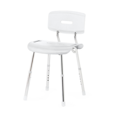 The Medline Modern Shower Chair with Backrest features a white, adjustable design with four durable metal legs and rubber feet. It offers height adjustment, Microban antimicrobial protection, and includes small cut-outs on the seat and backrest for grip and drainage.