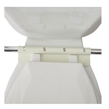 Close-up of a white toilet seat hinge with metal rod and plastic fittings, shown next to the Medline Aluminum Toilet Safety Rail featuring an adjustable height aluminum frame for extra support.