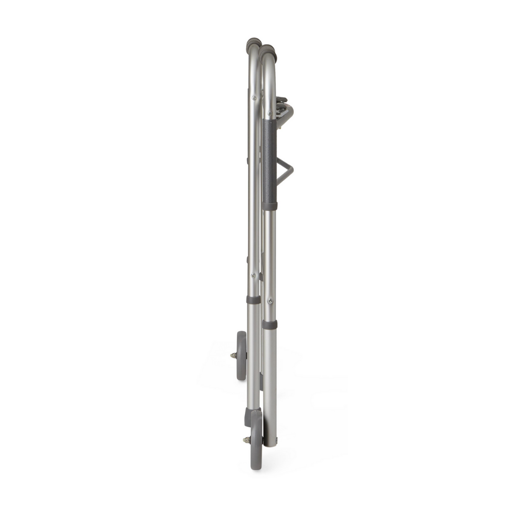 The Medline Guardian Two-Button Folding Walker with 5 wheels features black rubber grips, a lightweight aluminum frame, and is shown folded from the side against a white background.