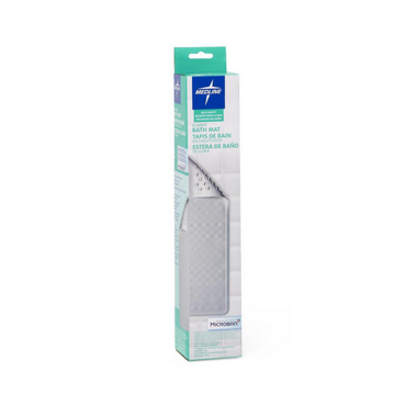 A rectangular box of the Medline Fall Prevention Bath Mat with Suction Cup Grip (13.4 x 29) is shown upright. The white and aqua packaging displays images and English, French, and Spanish text. The light gray mat offers slip-resistant suction cups.
