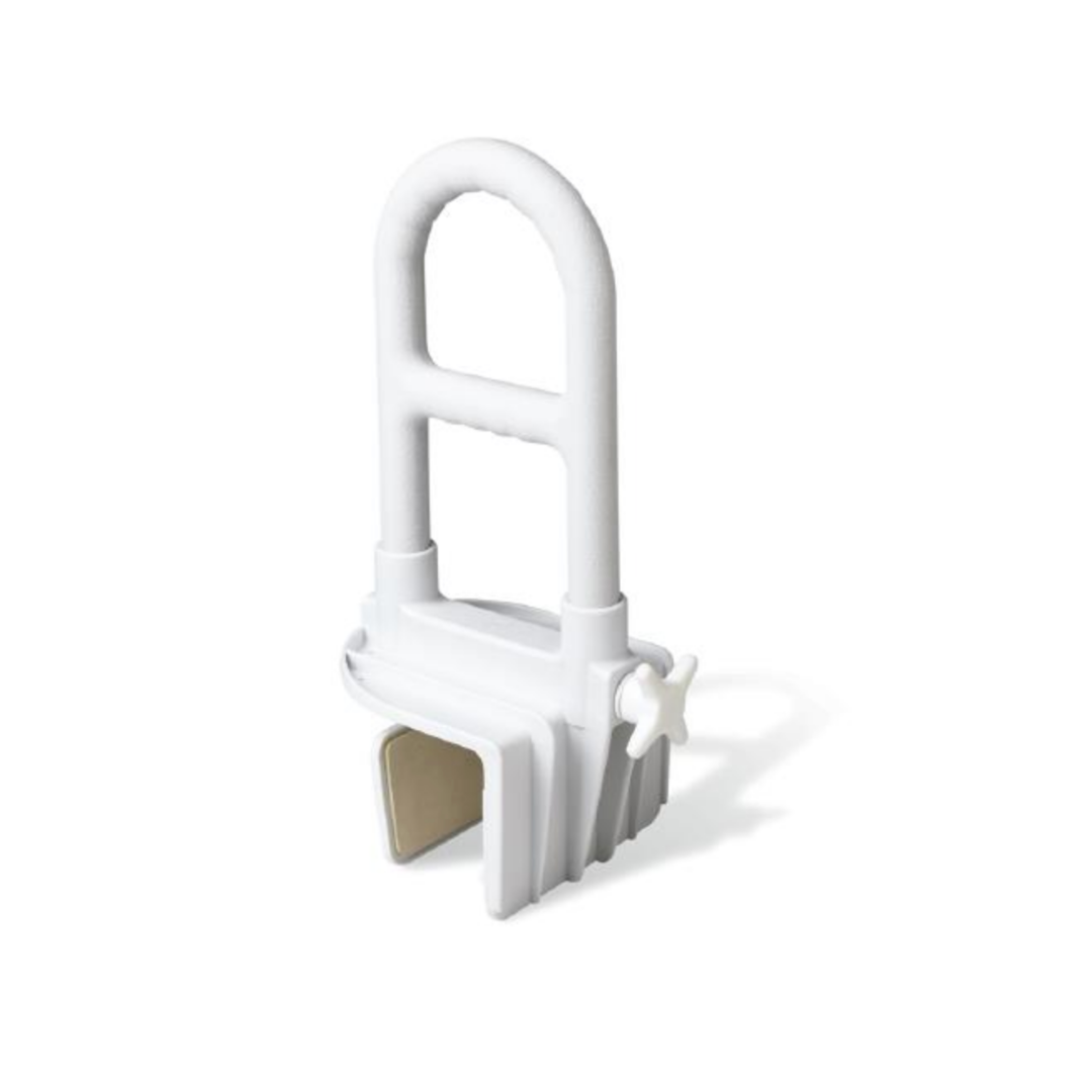 The Medline Bilevel Clamp-On Bathtub Grab Bar features a white, curved handle and step-through clamp design that securely attaches to your tub’s side, providing reliable safety support when entering or exiting.