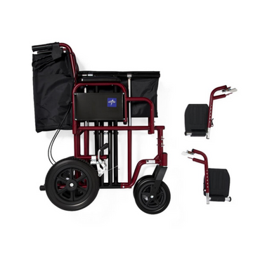 The Medline Bariatric Transport Chair is a foldable, lightweight red wheelchair with a black seat and large rear wheels. It includes two swing-away footrests on the right and a convenient storage pouch on the back.