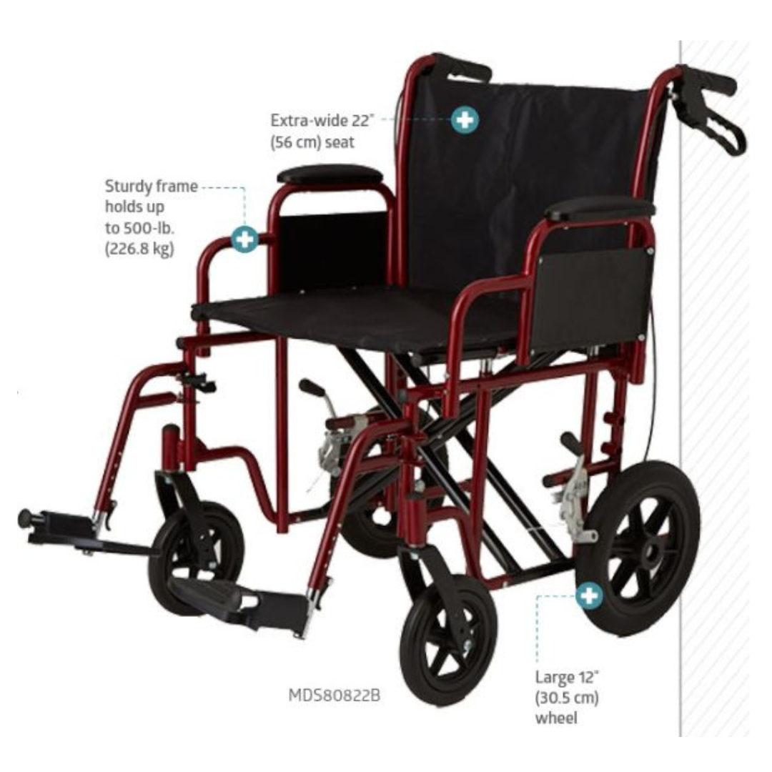The Medline Bariatric Transport Chair with Swing-Away Footrests features a black seat and backrest, extra-wide 22-inch seat, a robust frame supporting up to 500 lbs, and large 12-inch rear wheels. This heavy-duty chair, model MDS80822B, is both sturdy and reliable.