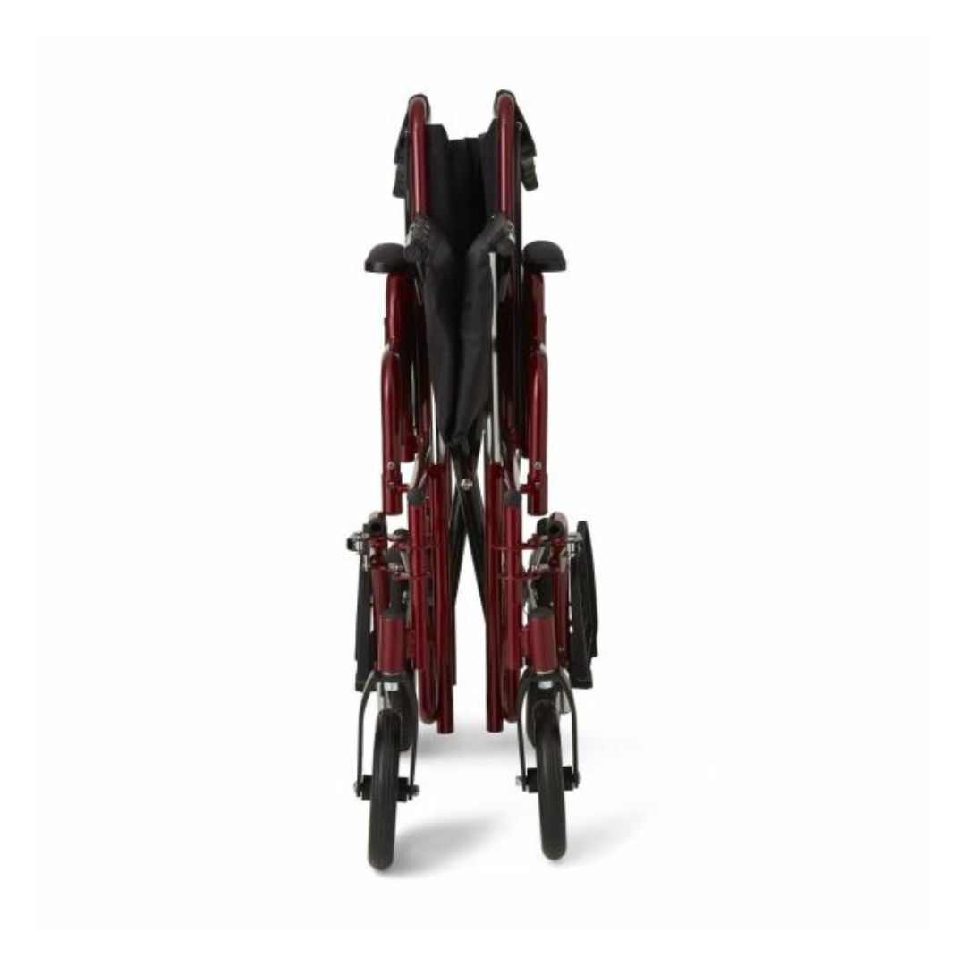 A front view of the red Medline Bariatric Transport Chair with Swing-Away Footrests highlights its durable aluminum frame. Compactly folded, it features black armrests, footrests, and four small wheels aligned for easy transport or storage, making it an ideal lightweight option.
