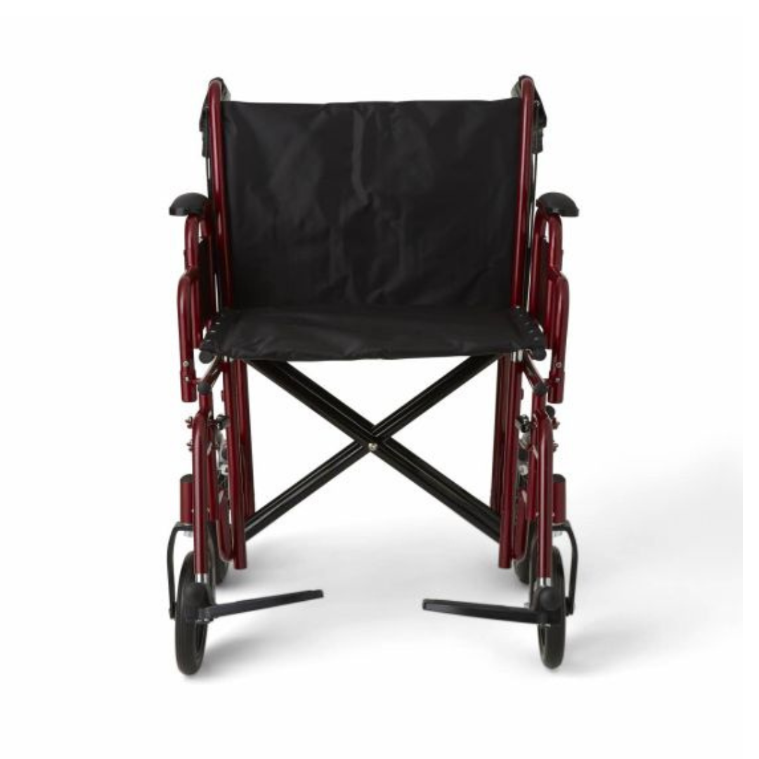 The Medline Bariatric Transport Chair features a durable red aluminum frame, black seat and armrests, swing-away footrests, small front wheels, and partially visible larger rear wheels. Its lightweight and shown against a plain white background.