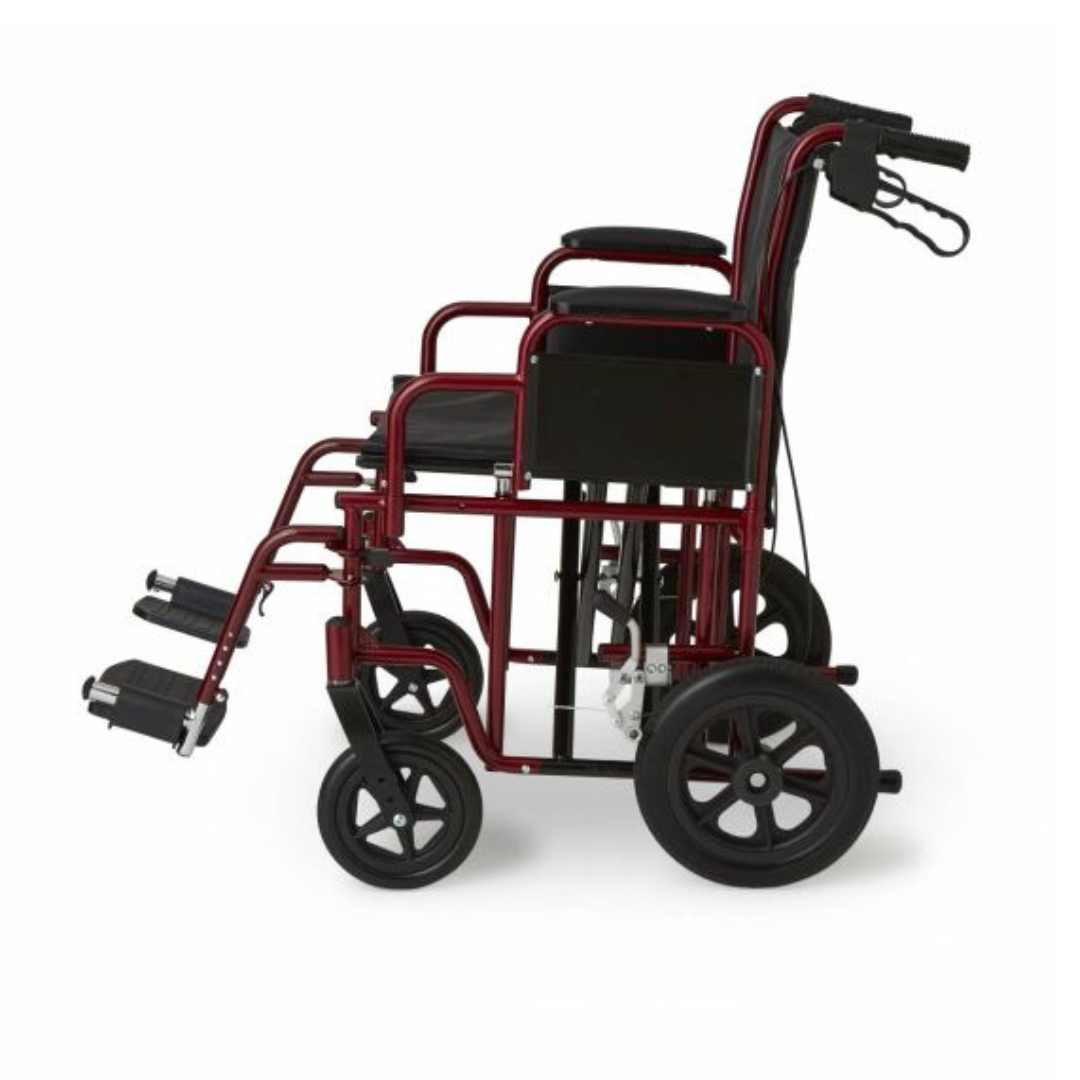 The Medline Bariatric Transport Chair, featuring a red aluminum frame and black seat, includes armrests, handgrips, and rear-wheel brakes. With its lightweight design, it offers smooth mobility on four wheels: larger rear wheels and smaller front ones for easy transport assistance.