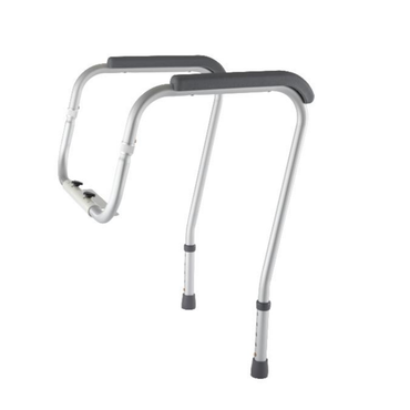 The Medline Aluminum Foldable Toilet Safety Rail offers adjustable height, padded handles, and rubber-tipped legs for personalized support and stability when using the toilet.