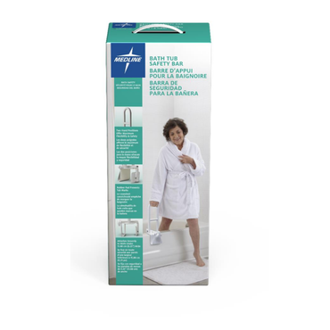 The Medline Clamp-On Bathtub Grab Bar box shows an older woman in a white robe using the bar to step into a tub. The packaging highlights tool-free installation and lists features in English, French, and Spanish.