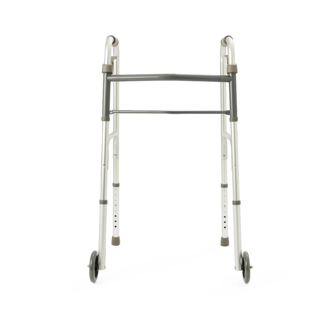 The Medline Adult Folding Paddle Walker with 5 wheels features a silver, adjustable frame, paddle-folding mechanism, two horizontal support bars, front wheels, and rubber-tipped rear legs to assist adult mobility.