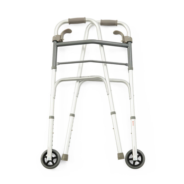 The Medline Adult Folding Paddle Walker with 5 Wheels is a lightweight silver walker with two front wheels, gray hand grips, and adjustable legs for mobility assistance.